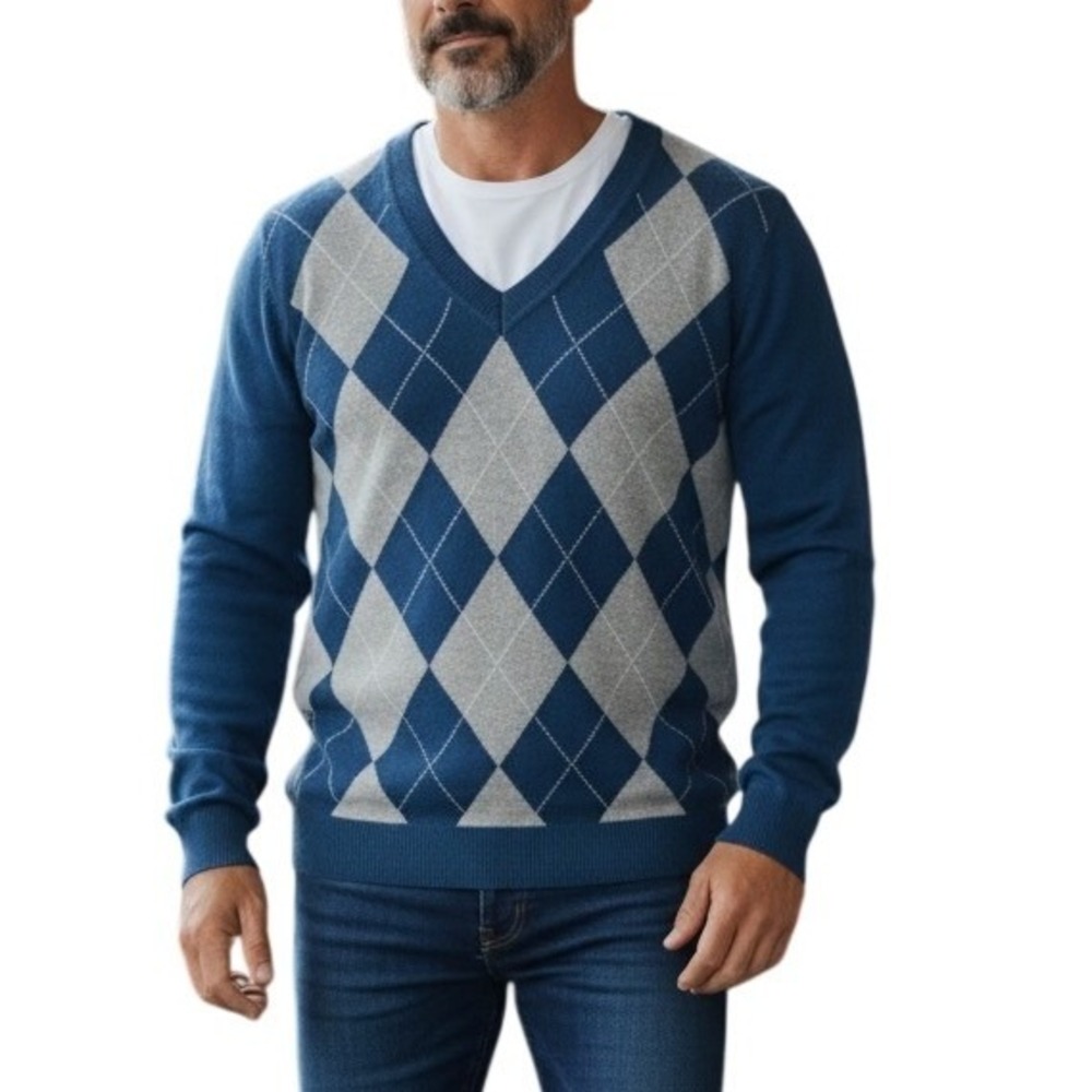 Banana Republic Sweater Mens‎ XL Blue Argyle Silk Cashmere V-Neck Pullover